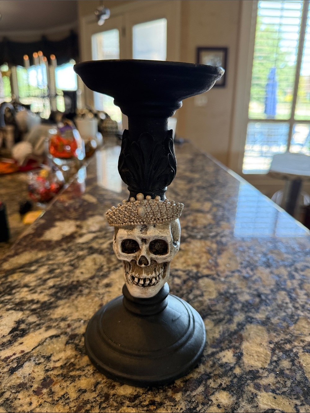 Source Unknown Black and White Skull Candle Holder with Crown Accent